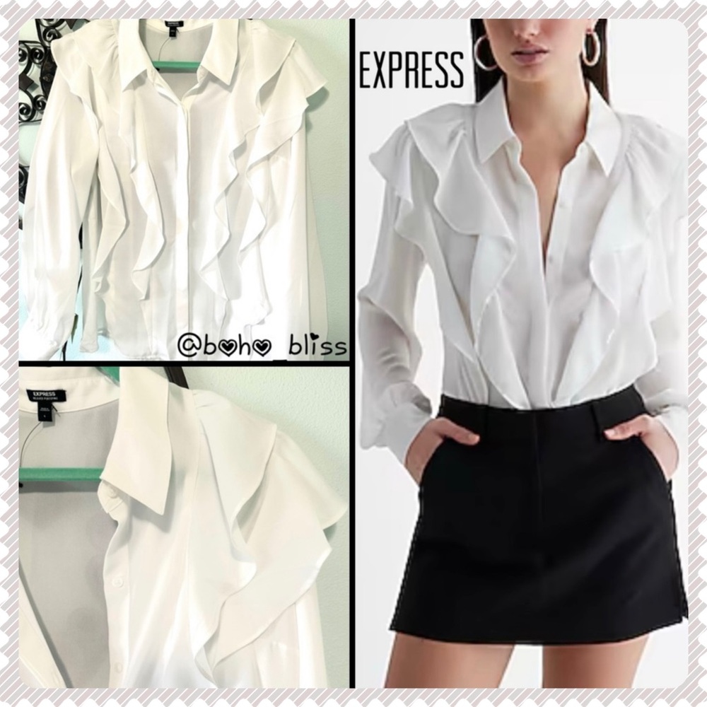 EXPRESS | White Ruffles Button Up Portofino Collared Blouse NWOT